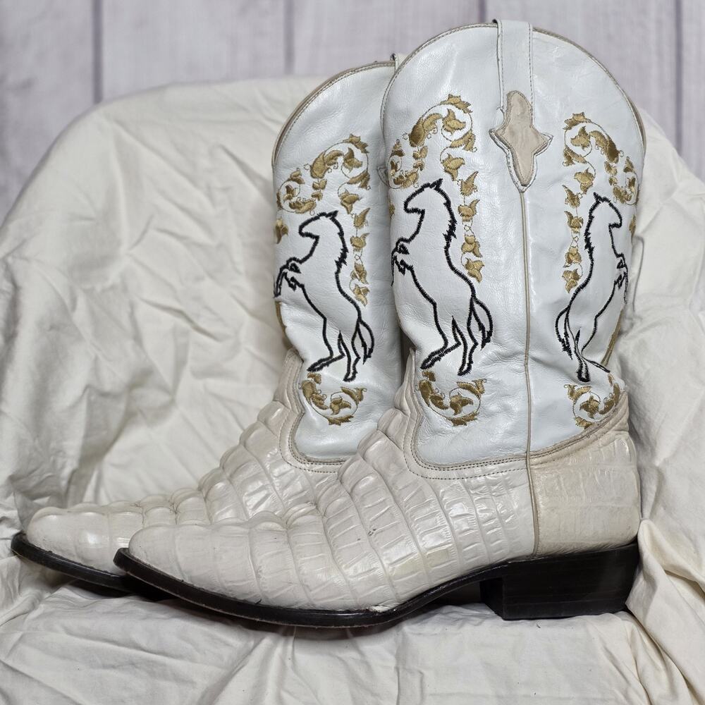 Vintage Azabache White Croc Embossed Cowboy Boots - Mens Size 10